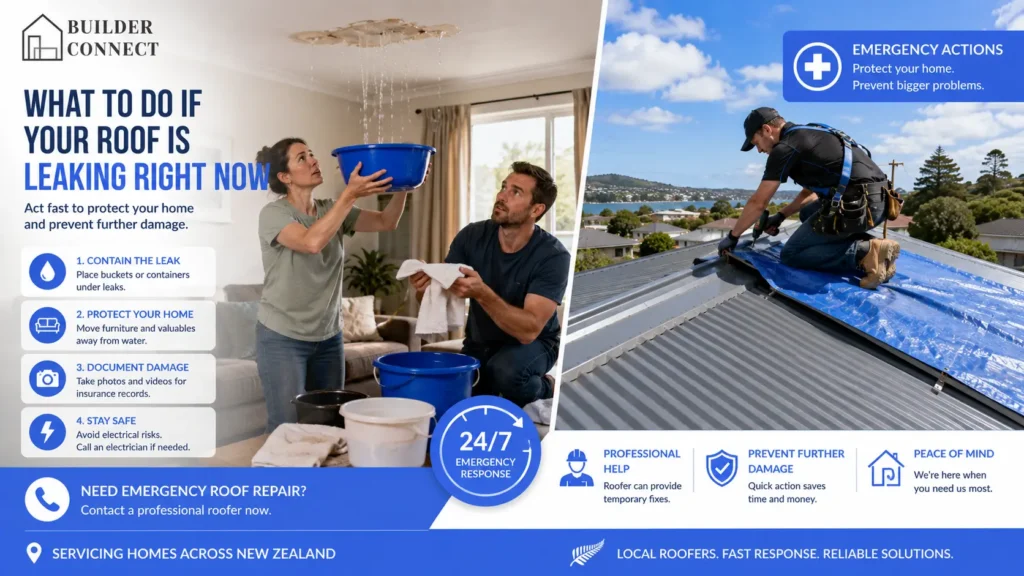 Emergency roof leak response inside and outside a New Zealand home.