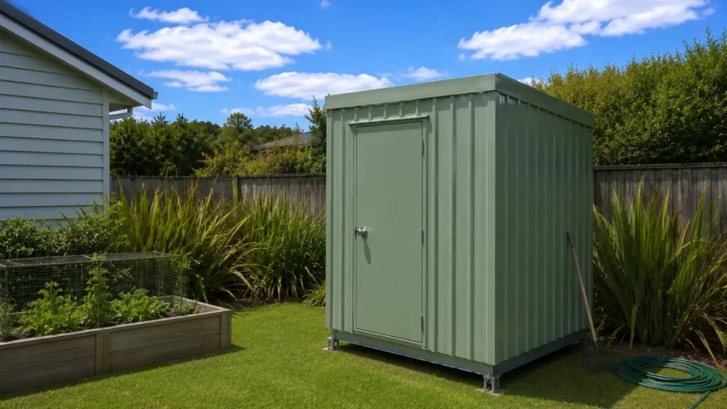 A sage green steel garden shed Auckland unit standing on a grass lawn next to a raised vegetable garden bed and a wooden fence.