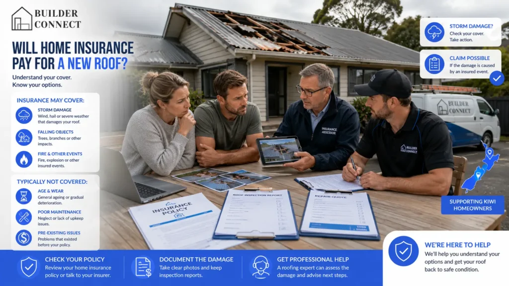 Insurance assessor reviewing roof damage claim with a New Zealand homeowner.