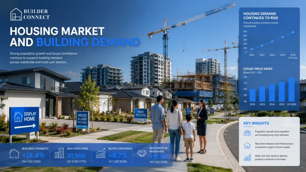 Housing market and building demand showing new residential developments and commercial construction.