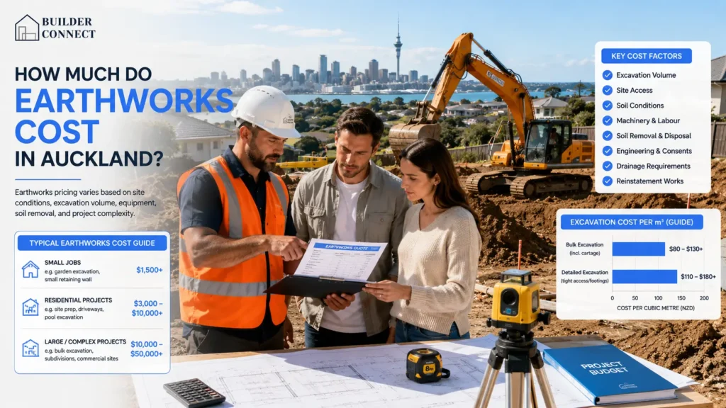 Auckland earthworks contractor discussing excavation costs with homeowners.