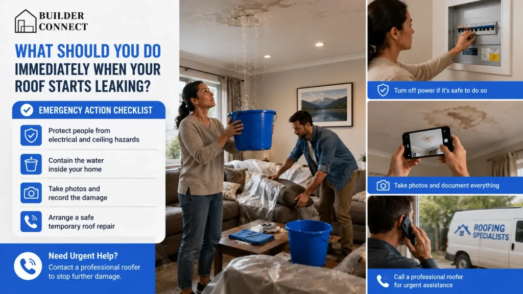 Emergency steps homeowners should take immediately after discovering a leaking roof.