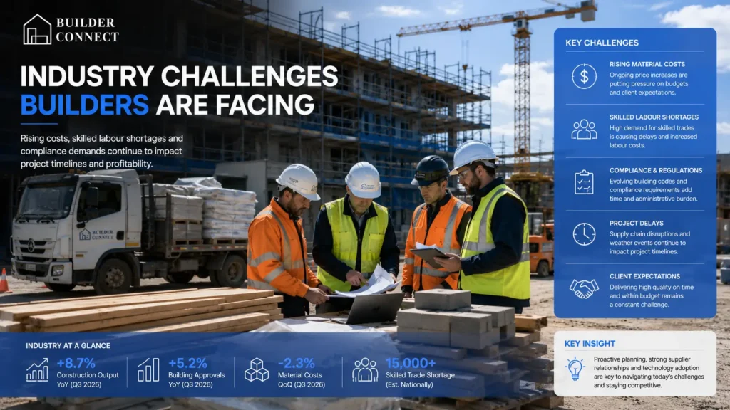 Builders managing construction challenges including supply chain, labour shortages, and project planning.