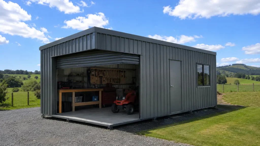 A spacious dark grey lifestyle shed Auckland building with an open roller door revealing a workbench and ride on lawnmower in a rural landscape.