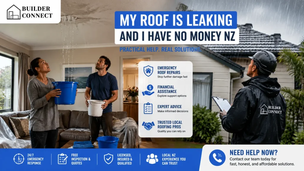 Homeowner dealing with a leaking roof in New Zealand while a professional roofer inspects the property.