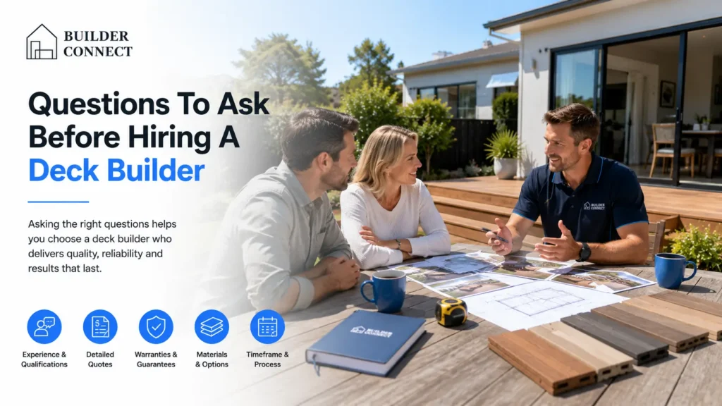Homeowner asking important questions during a Christchurch deck-building consultation.