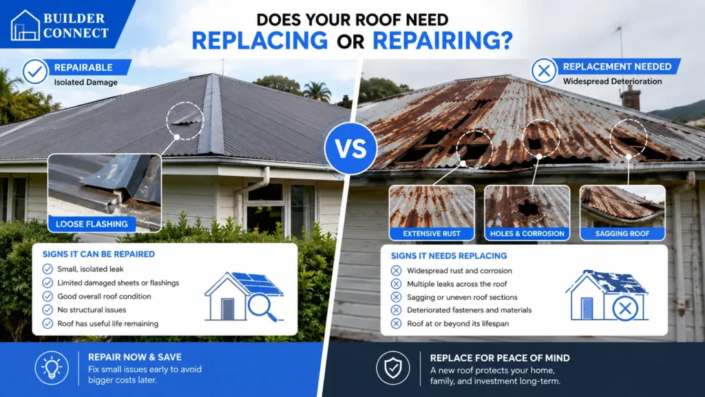 Comparison between a repairable roof and a roof requiring full replacement.