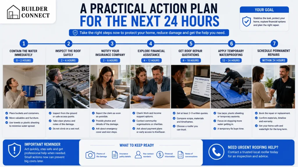 Step by step action plan after discovering a leaking roof in New Zealand.
