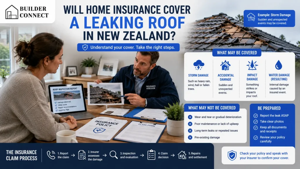 Insurance assessor reviewing a leaking roof insurance claim in New Zealand.