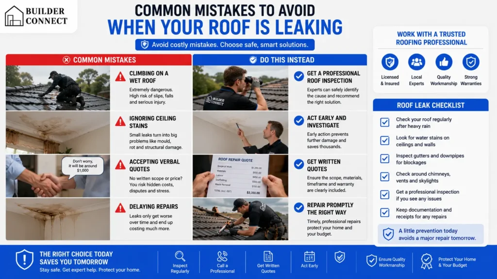Common mistakes homeowners should avoid when dealing with a leaking roof.