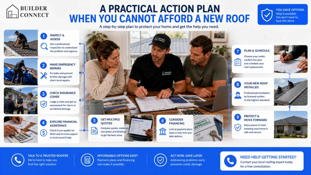 Step by step action plan for homeowners who cannot afford a new roof.