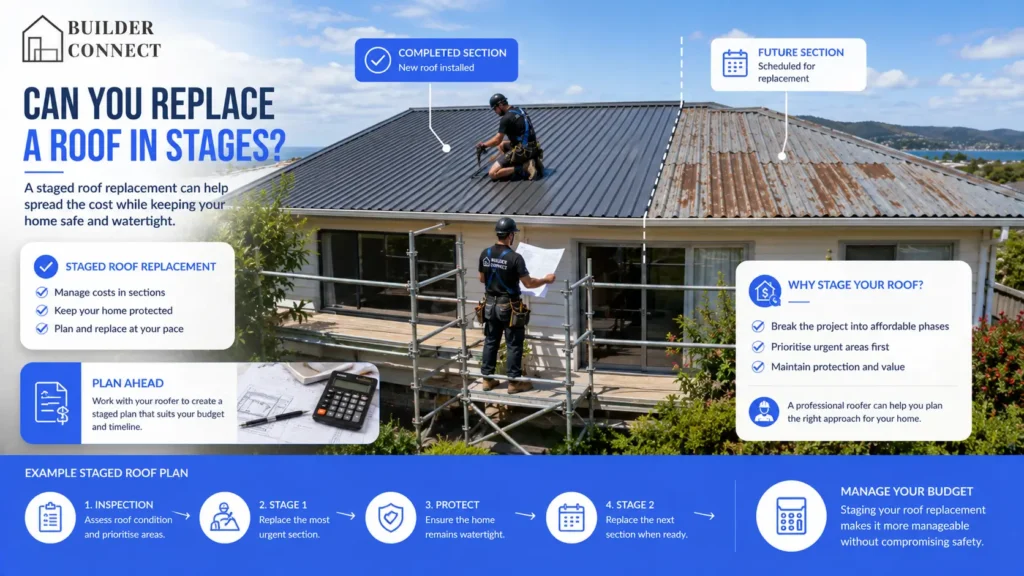Staged roof replacement on a residential home in New Zealand.