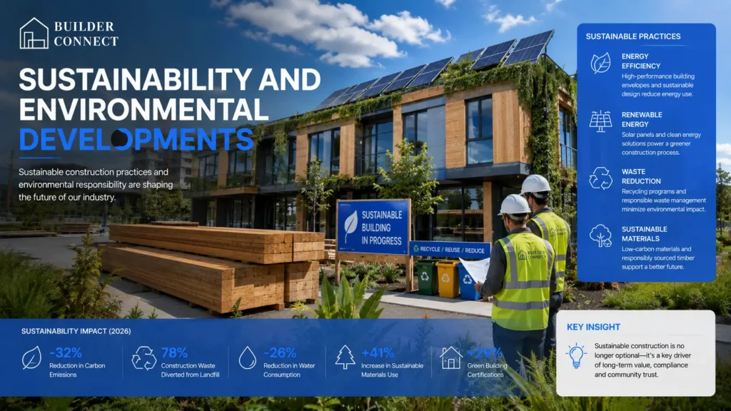 Sustainable construction featuring energy-efficient buildings and environmentally responsible building practices.