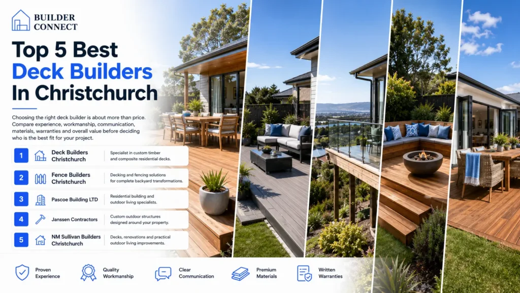 Comparison of the top five deck builders in Christchurch with examples of timber, composite and elevated residential decks in New Zealand.