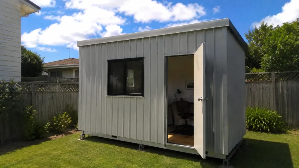 An off white two bedroom cabin Auckland unit with an open door showing a furnished interior bedroom layout on a grassy residential lawn.