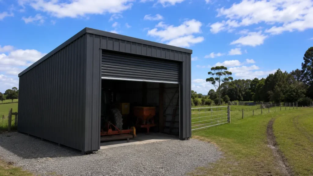 A dark grey metal utility shed Auckland unit with an open roller door housing a farm tractor on a gravel driveway beside a green pasture fence.