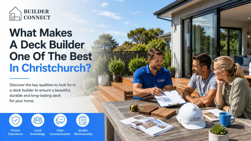 Experienced Christchurch deck builder discussing a custom decking project with homeowners.