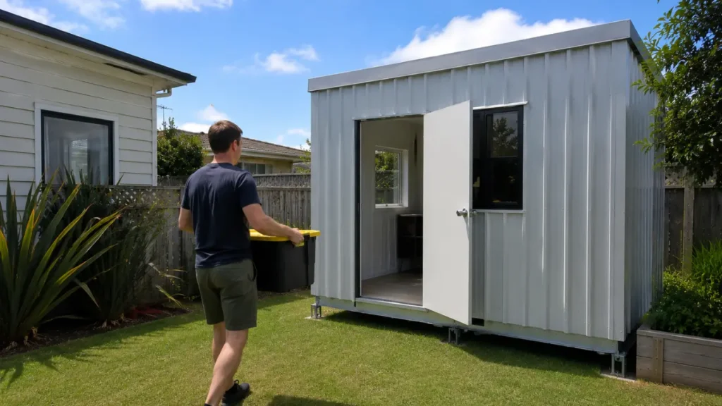 A homeowner carrying a storage bin toward a light grey backyard utility unit highlighting why choose a shed or cabin for your Auckland property.