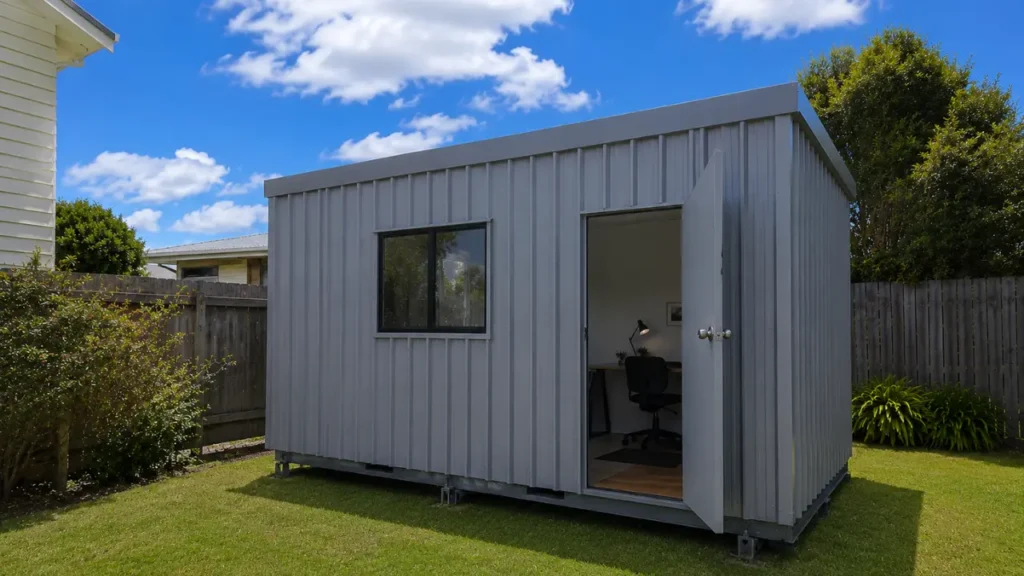 An off white transportable unit demonstrating why choose a shed or cabin for your Auckland property to create a comfortable home office space.