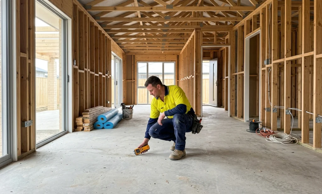 Commercial Floor Levelling New Zealand specialist inspecting a concrete subfloor to ensure a smooth and level surface for flooring installation.