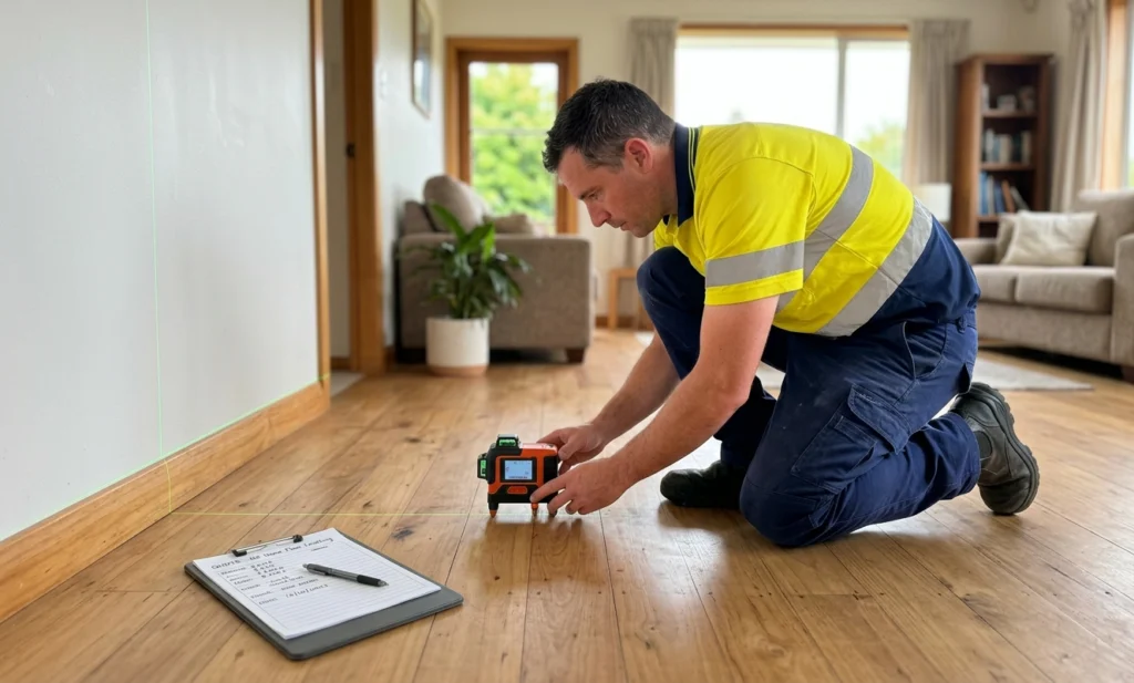 Floor levelling specialist using laser equipment during a free on site assessment to accurately measure floor levels for a fixed price quote New Zealand.