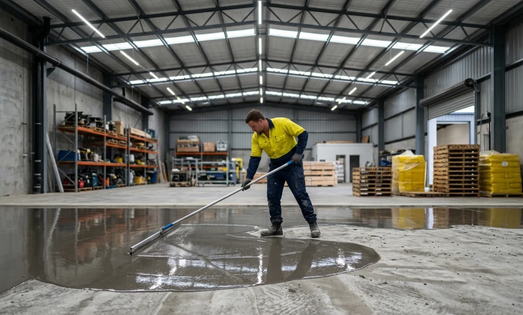 Floor Levelling New Zealand expert applying levelling compound to create a smooth, level and damp free commercial floor surface.
