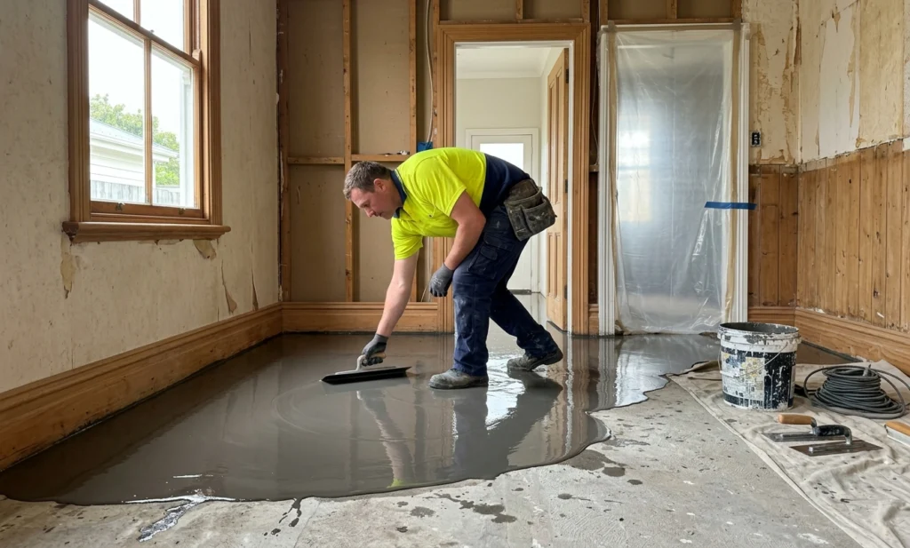 Floor Levelling Service Addons New Zealand specialist applying levelling compound to create a smooth and even floor surface.
