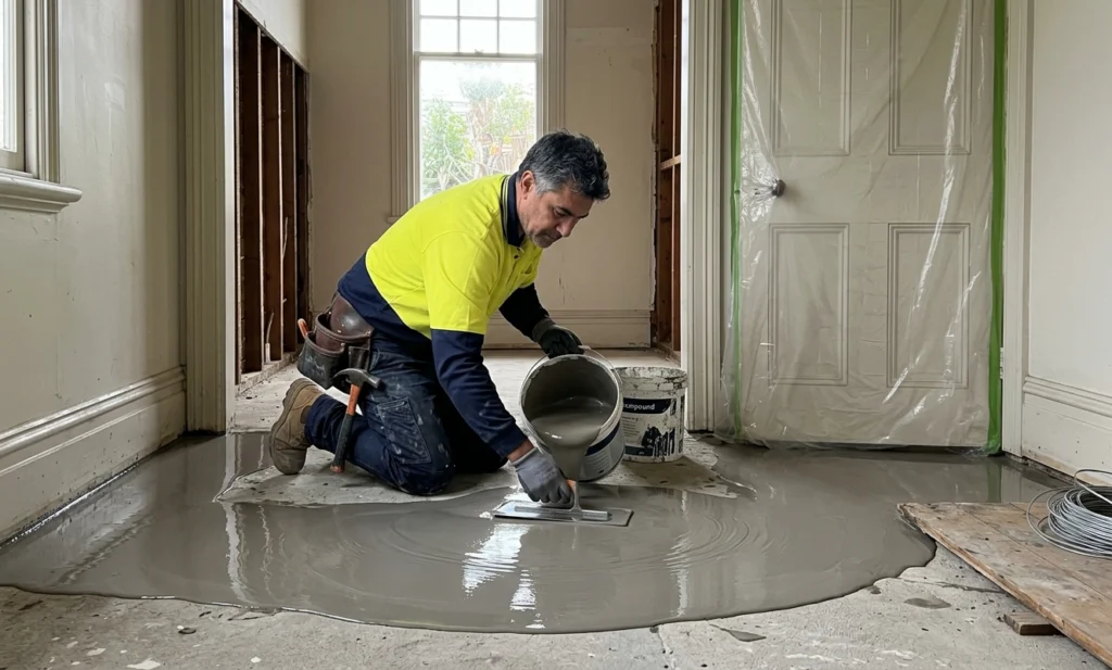 Floor Levelling Service Addons New Zealand specialist pouring and smoothing levelling compound during professional subfloor preparation.