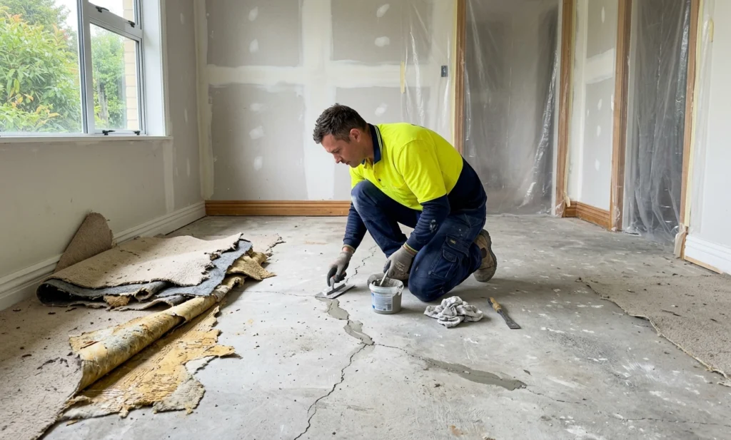 Floor Prep for Timber & Vinyl New Zealand floor levelling specialist repairing cracks and preparing a concrete subfloor for smooth flooring installation.