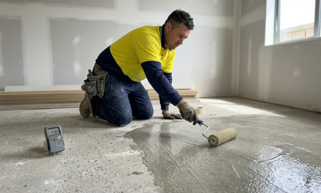 Moisture Sealing & Damp Slab Treatment New Zealand floor levelling specialist applying a protective moisture barrier to a concrete subfloor.