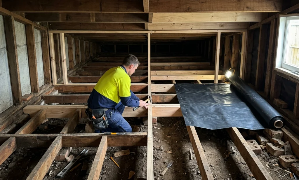 New Build Subfloor Levelling specialist preparing timber floor framing to create a stable and level subfloor for a new build in New Zealand.