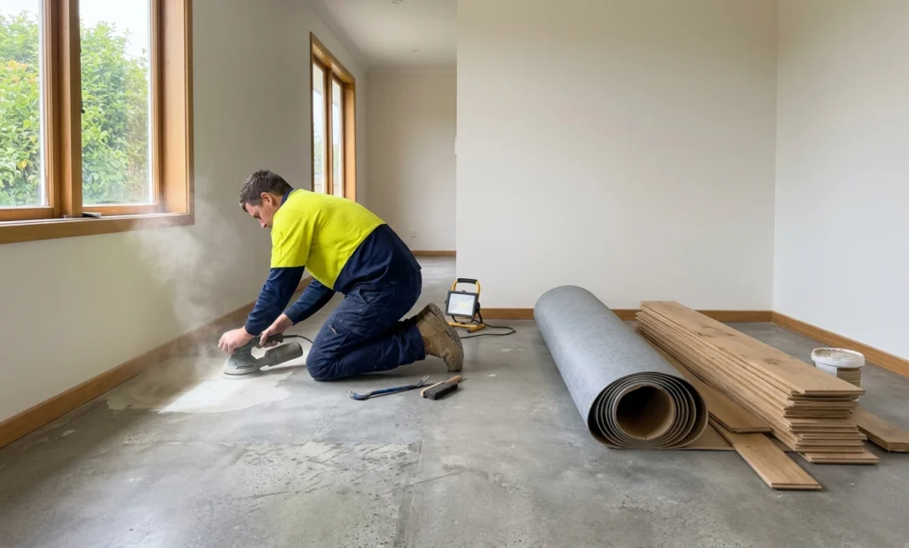 Residential Floor Levelling New Zealand specialist smoothing a concrete subfloor to create an even surface for new flooring installation.